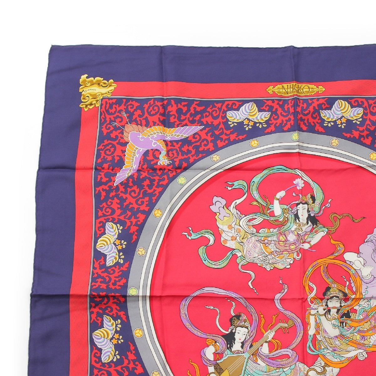 Hermes Carre 90 Silk Scarf NIKKO Nikko Toshogu Shrine Tennyo Navy Red Multicolor