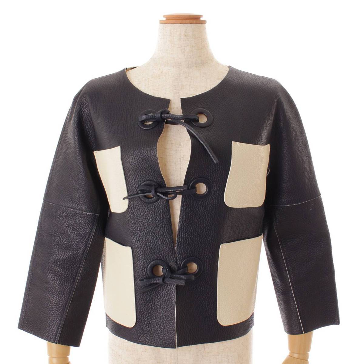 [Louis Vuitton] Louis Vuitton No-collar Leather Jacket Navy x White [Used] [Authenticated and Guaranteed Authentic] 141973