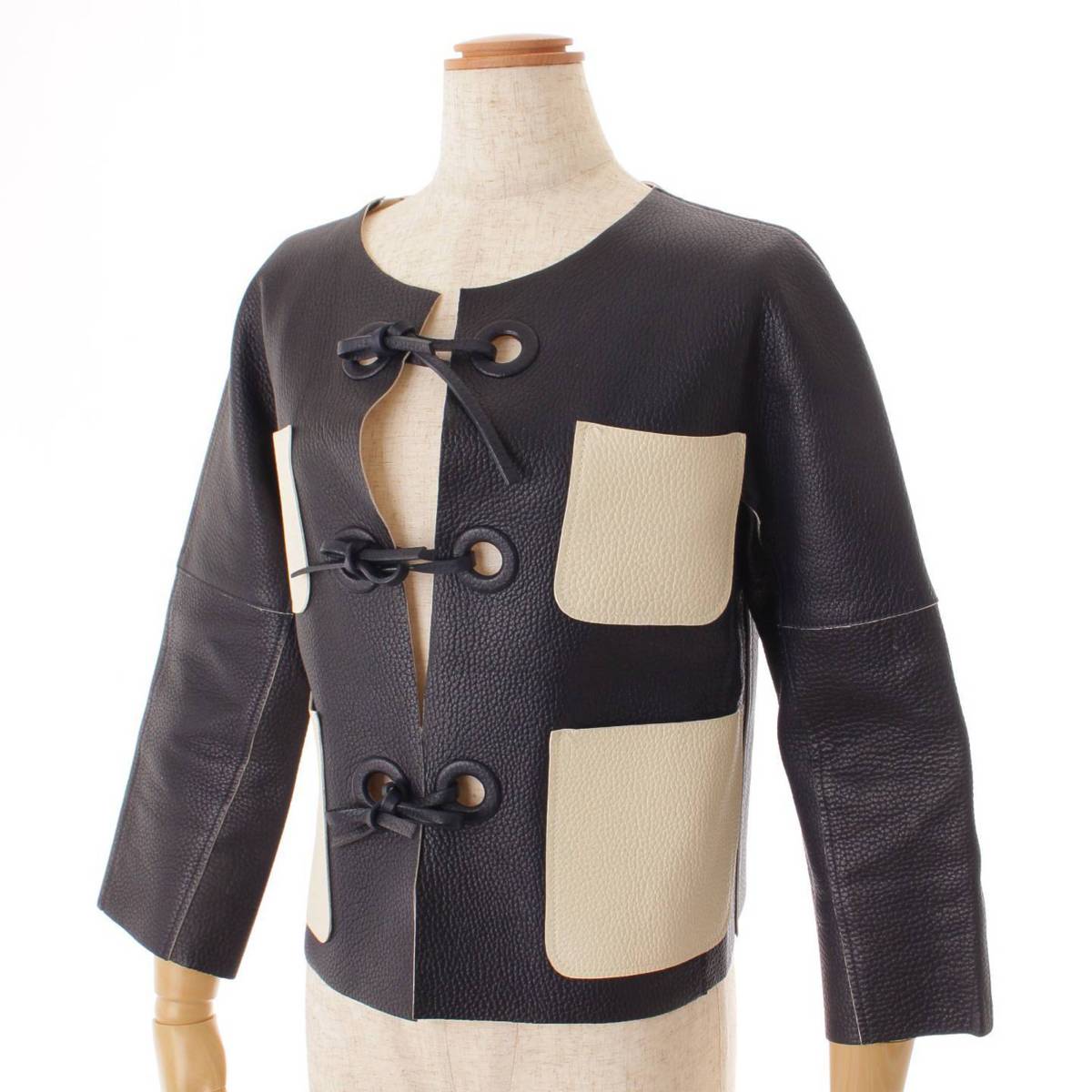 [Louis Vuitton] Louis Vuitton No-collar Leather Jacket Navy x White [Used] [Authenticated and Guaranteed Authentic] 141973