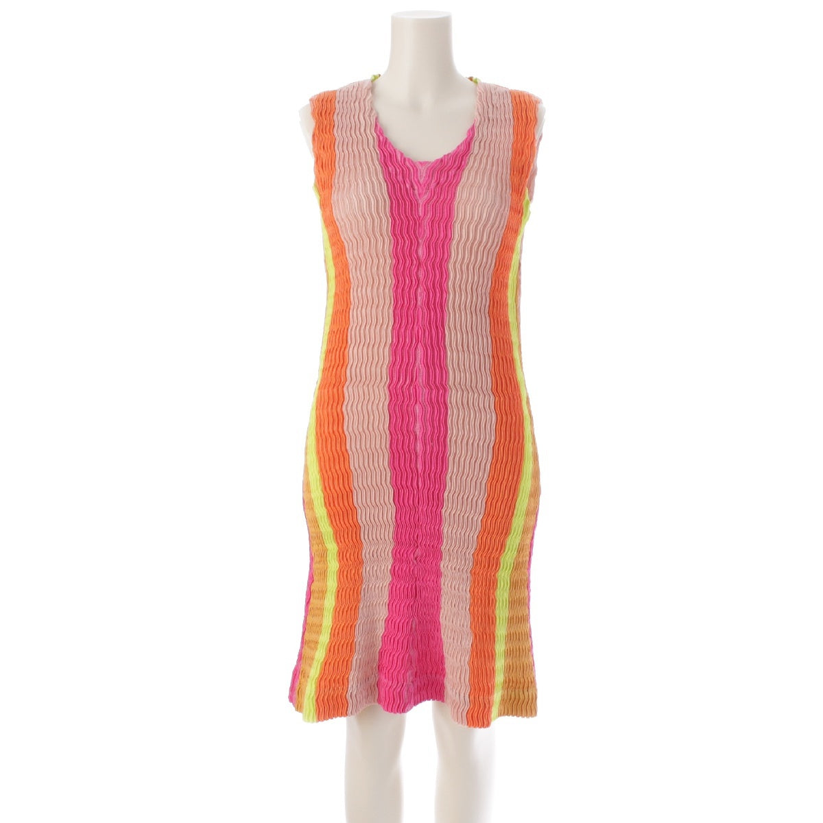 ISSEY MIYAKE cotton Stripe Pattern Sleeveless Pleated one piece dress IM62 Multicolor Pink Yellow 2