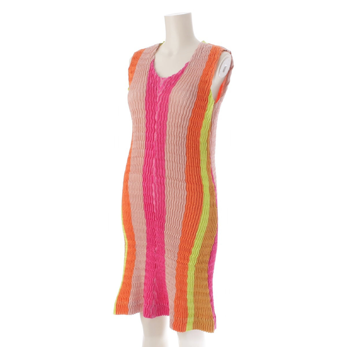ISSEY MIYAKE cotton Stripe Pattern Sleeveless Pleated one piece dress IM62 Multicolor Pink Yellow 2