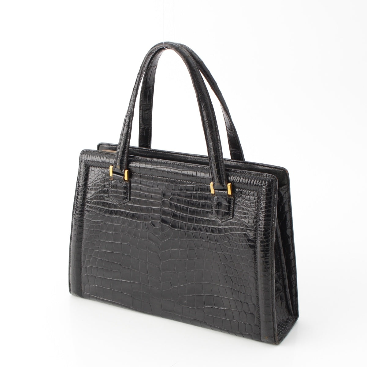 HERMES Crocodile Gold Metal with lock Handbag black