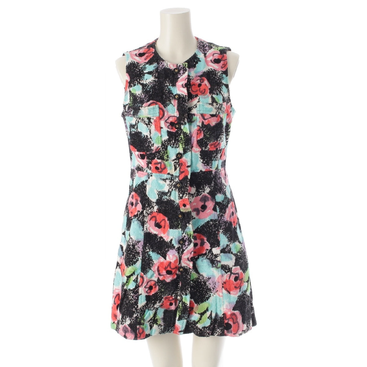 CHANEL Pile ground Flower Sleeveless one piece COCO Mark Button Floral Knee-length P07852 multicolor 40