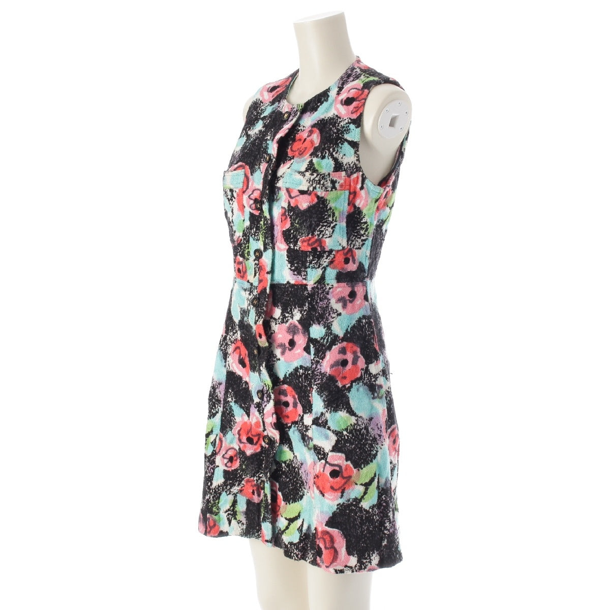 CHANEL Pile ground Flower Sleeveless one piece COCO Mark Button Floral Knee-length P07852 multicolor 40