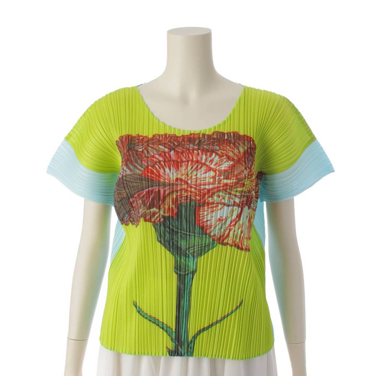 [Pleated Please Issey Miyake] PLEATS PLEASE ISSEY Carnation Flower Short Sleeve T-Shirt Top PP06-JK110 Green x Sax 3 [Used] [Authenticated and Guaranteed Authentic] 194100