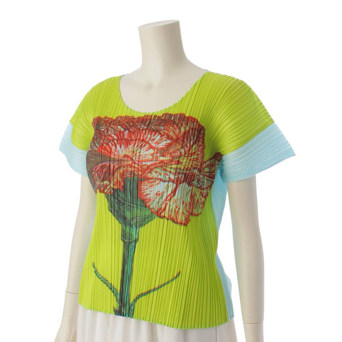 [Pleated Please Issey Miyake] PLEATS PLEASE ISSEY Carnation Flower Short Sleeve T-Shirt Top PP06-JK110 Green x Sax 3 [Used] [Authenticated and Guaranteed Authentic] 194100