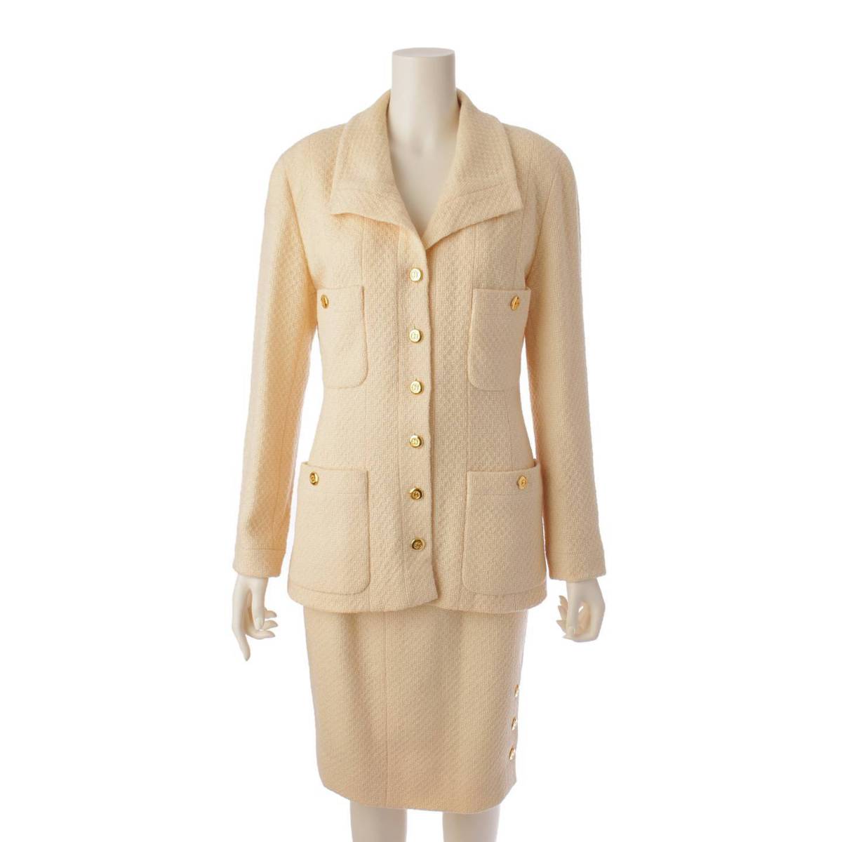[Chanel] Chanel Tweed 4 Pocket Gold Button COCO Button Suit Set Ivory 38 [Used] [Authenticated and Guaranteed Authentic] 195143