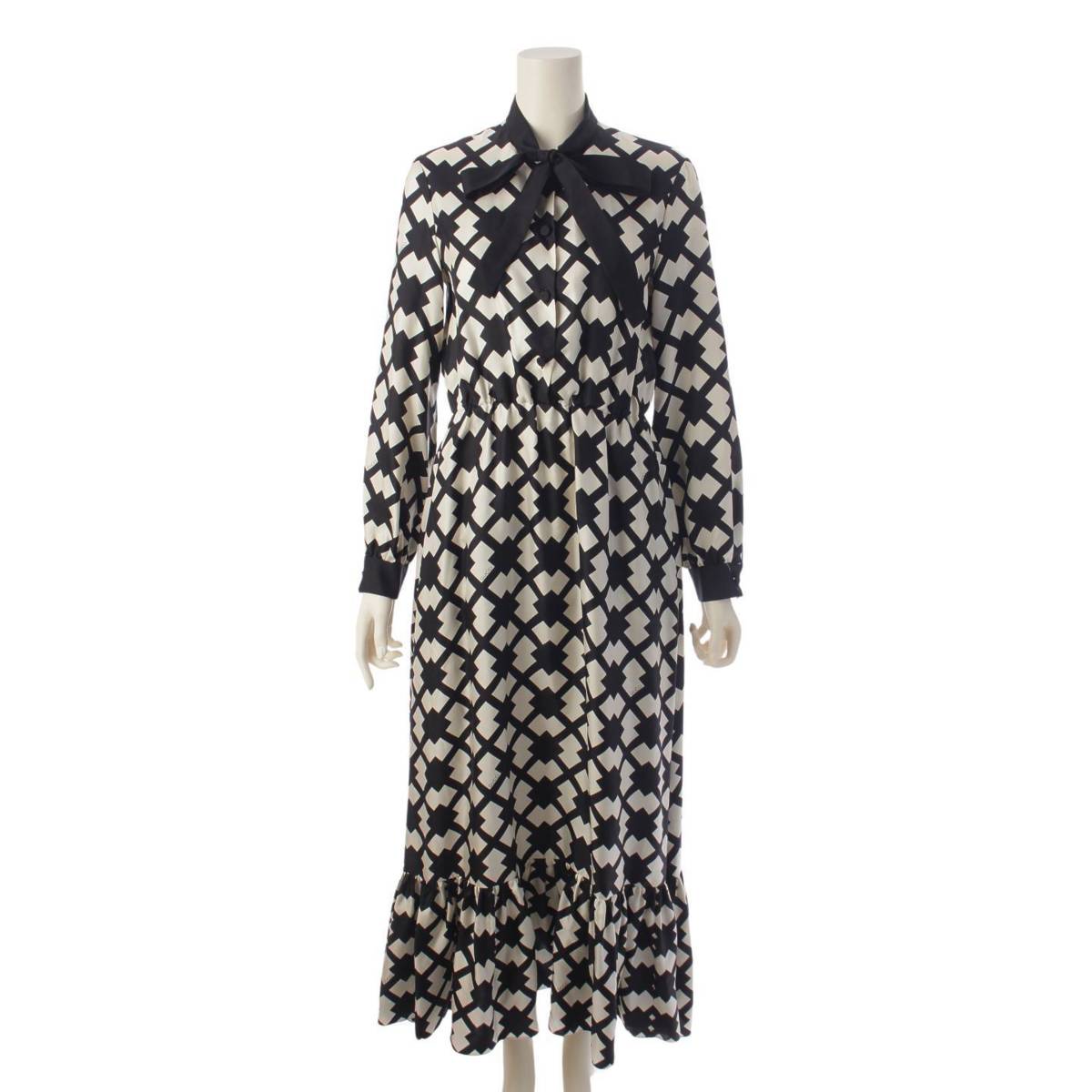 [Gucci] Gucci Rhombus Tile Print Silk Dress 734793 Black x White 36 [Used] [Authenticated and Guaranteed Authentic] 195555