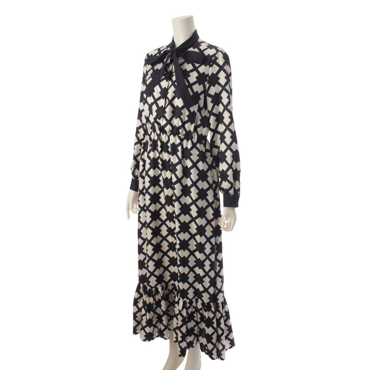 [Gucci] Gucci Rhombus Tile Print Silk Dress 734793 Black x White 36 [Used] [Authenticated and Guaranteed Authentic] 195555