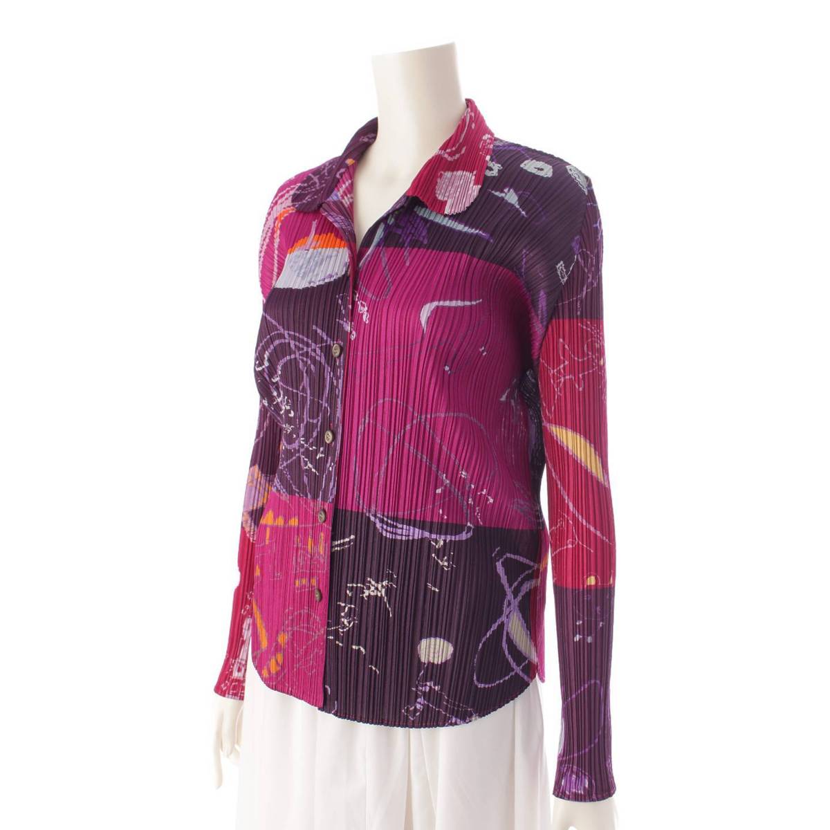 [Issey Miyake] Issey Miyake 2015 Print Shirt Blouse Tops PP53-JJ633 Purple 4 [Used] [Authenticated and Guaranteed Authentic] 195801