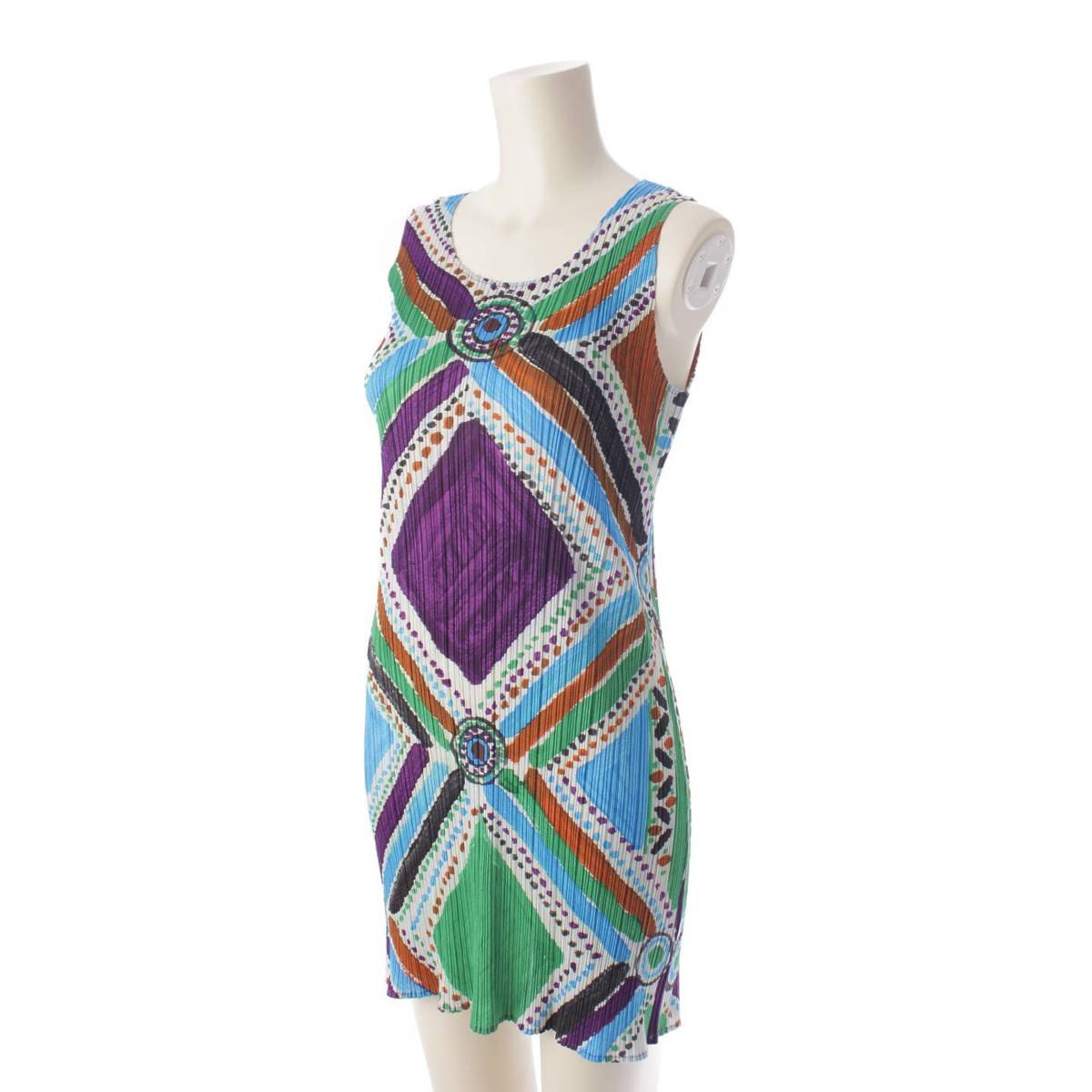 [Pleated Please Issey Miyake] PLEATS PLEASE ISSEY 2009 Watercolor All-over Print Sleeveless One-Piece Dress Multicolor 3 [Used] [Authenticated and Guaranteed Authentic] 196125