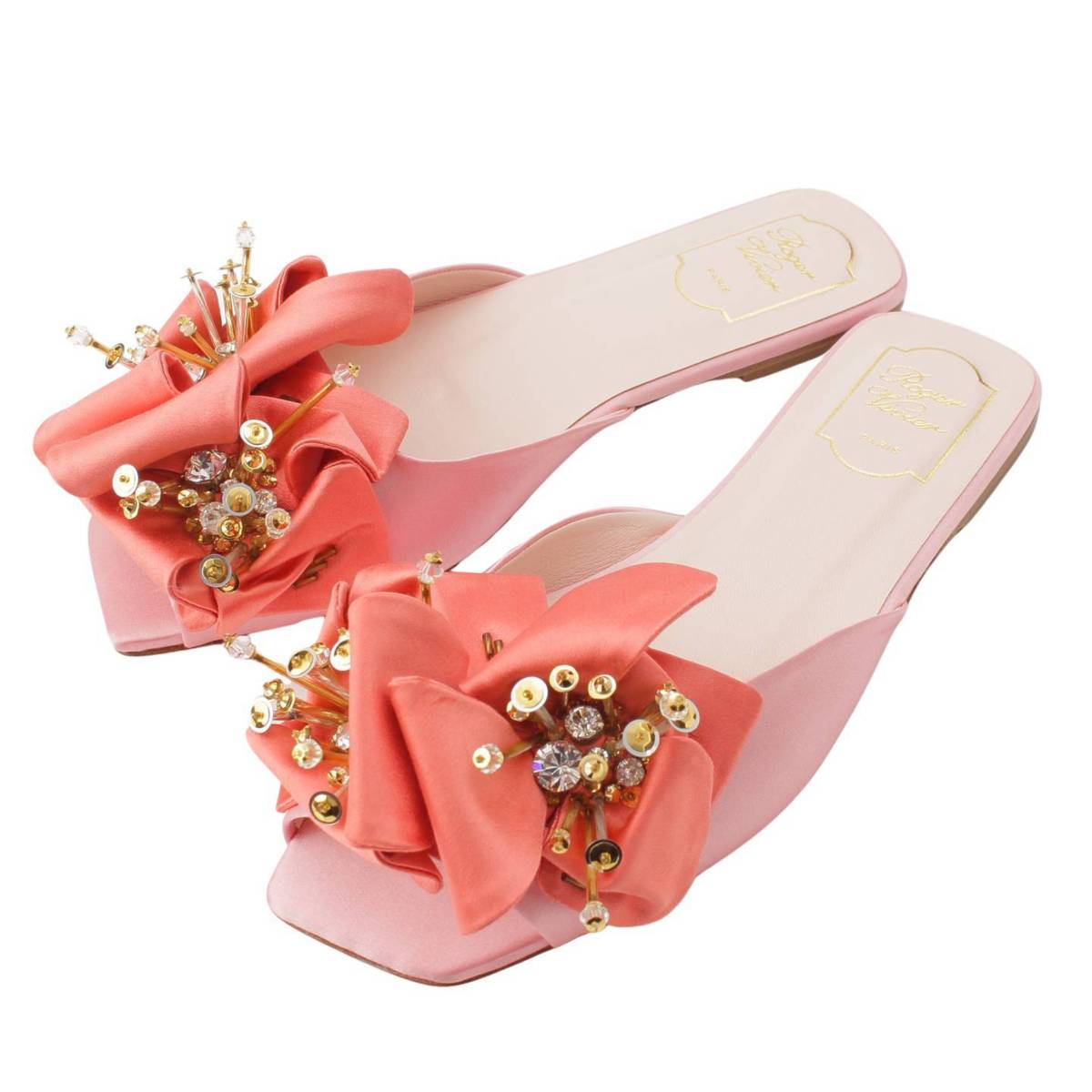 [Roger Vivier] Roger Vivier VIV Fireflower Satin Flower Flat Sandals Mules Pink 40 Unused [Used] [Authenticated and Guaranteed Authentic] 196302