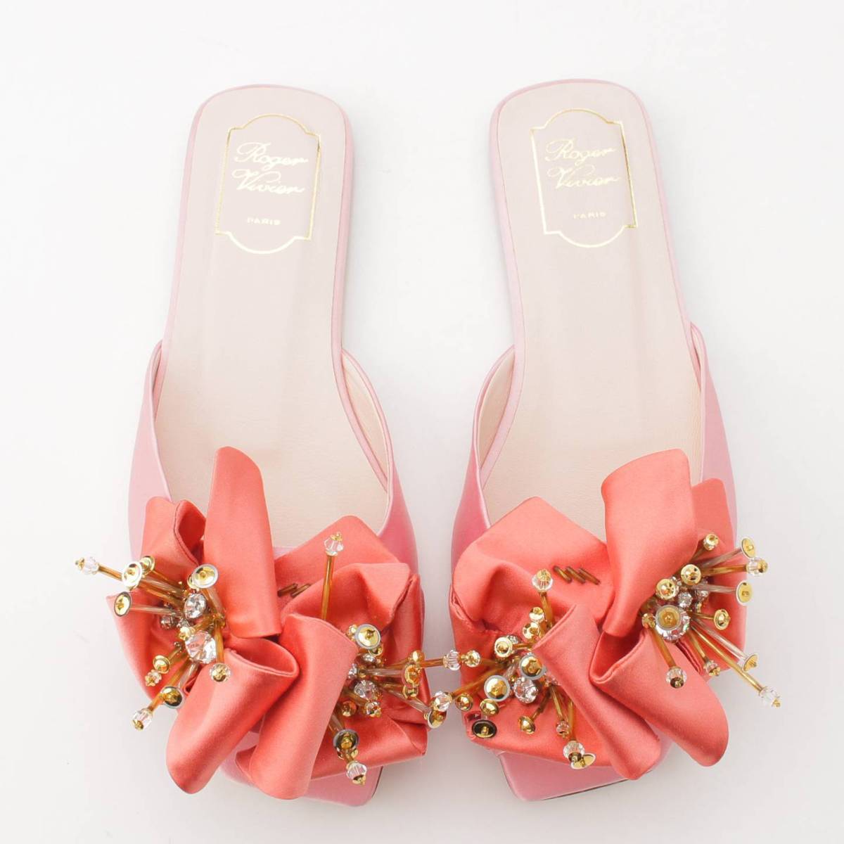 [Roger Vivier] Roger Vivier VIV Fireflower Satin Flower Flat Sandals Mules Pink 40 Unused [Used] [Authenticated and Guaranteed Authentic] 196302