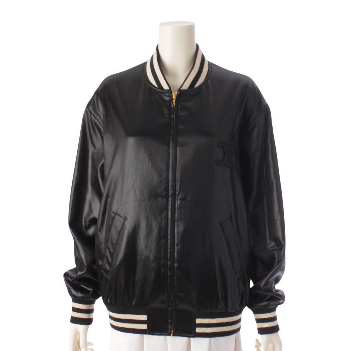 [Celine] Celine 22 Stainless Steel Triomphe Silk Blend Kazak Jacket Stadium Jacket Black 36 [Used] [Authenticated and Guaranteed Authentic] 196541