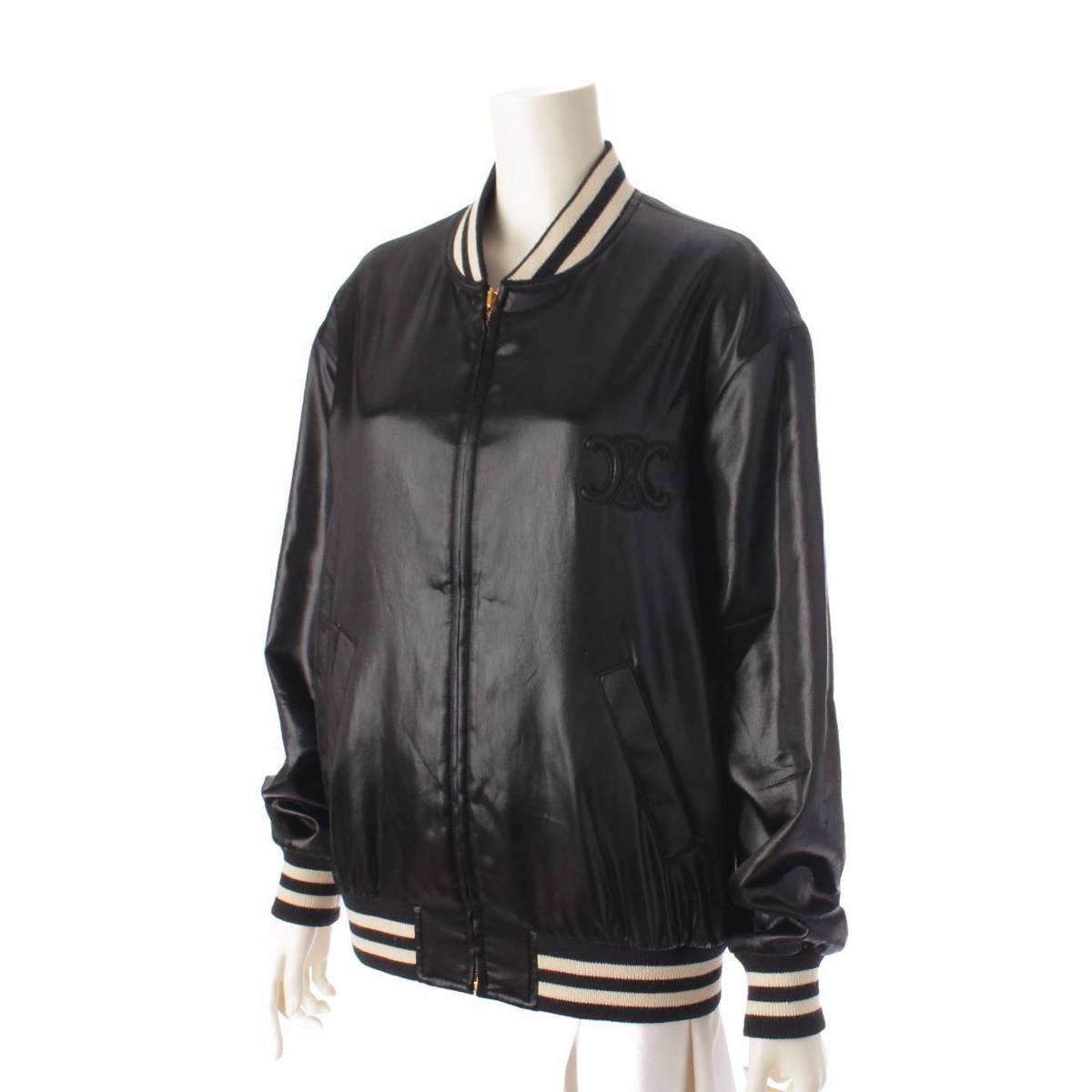 [Celine] Celine 22 Stainless Steel Triomphe Silk Blend Kazak Jacket Stadium Jacket Black 36 [Used] [Authenticated and Guaranteed Authentic] 196541