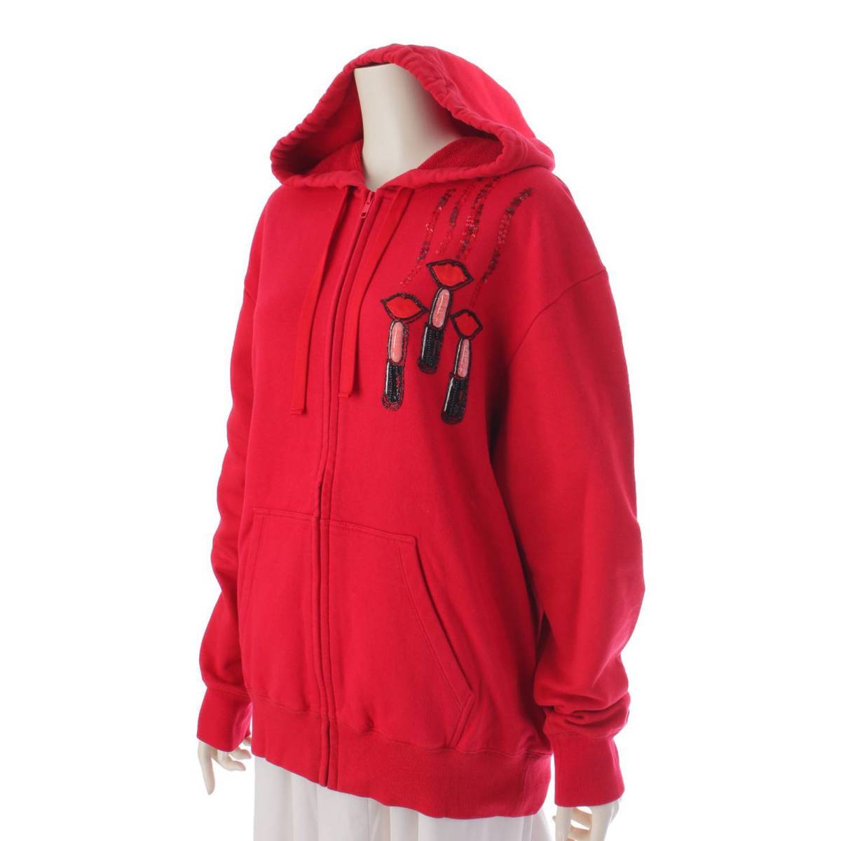 [Valentino] Valentino Lipstick Beaded Logo Sequin Zip-up Long Sleeve Cotton Hoodie Red S [Used] [Authenticated/Genuine Product Guaranteed] 197069