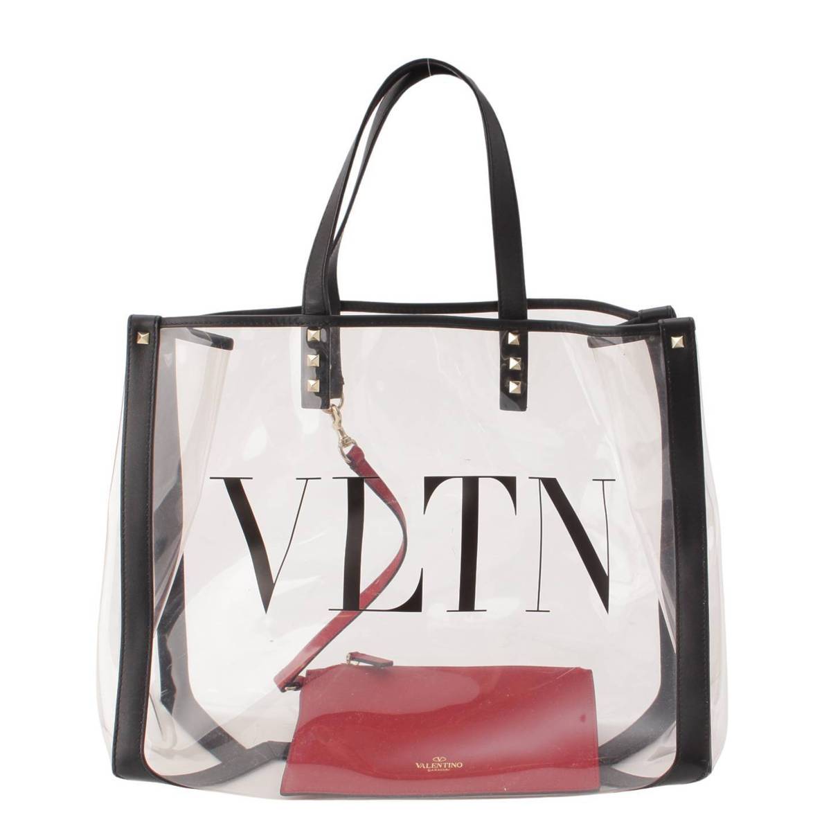 [Valentino] Valentino VLTN Rockstud Plastic x Leather Tote Bag with Pouch Clear x Black [Used] [Authenticated and Guaranteed Authentic] 197238