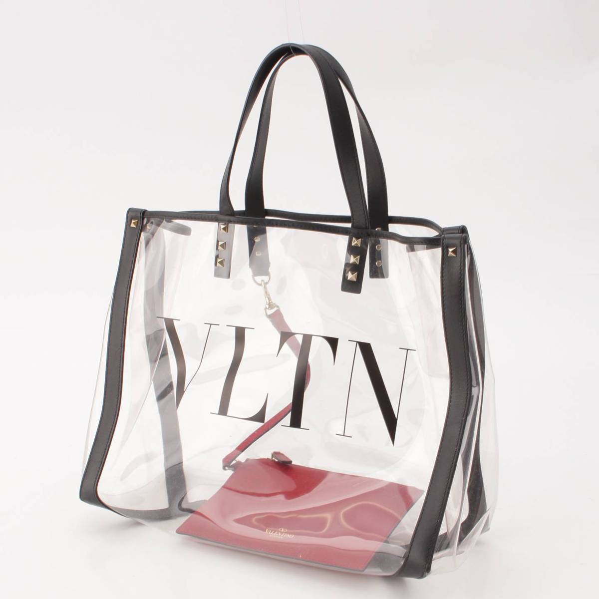 [Valentino] Valentino VLTN Rockstud Plastic x Leather Tote Bag with Pouch Clear x Black [Used] [Authenticated and Guaranteed Authentic] 197238