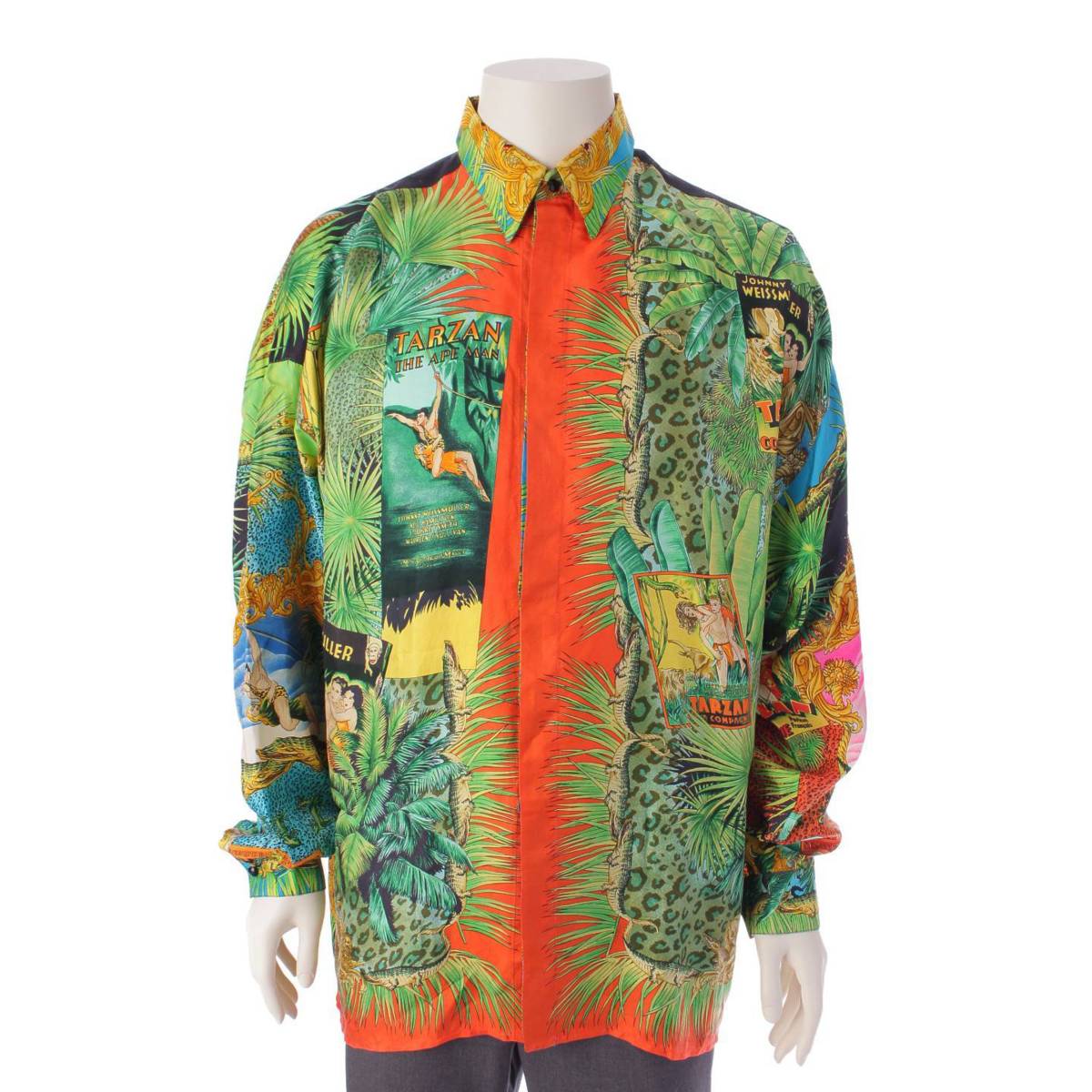 [Versace] Versace Vintage Tarzan Jungle All-Over Print Silk Shirt Multicolor 48 [Used] [Authenticated and Guaranteed Authentic] 197308