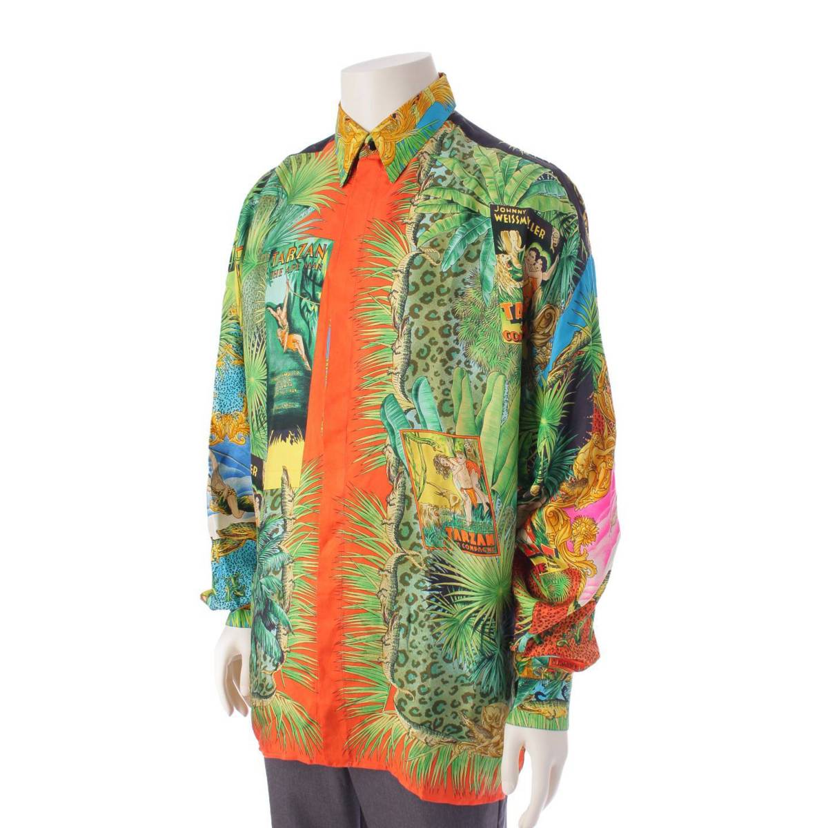 [Versace] Versace Vintage Tarzan Jungle All-Over Print Silk Shirt Multicolor 48 [Used] [Authenticated and Guaranteed Authentic] 197308