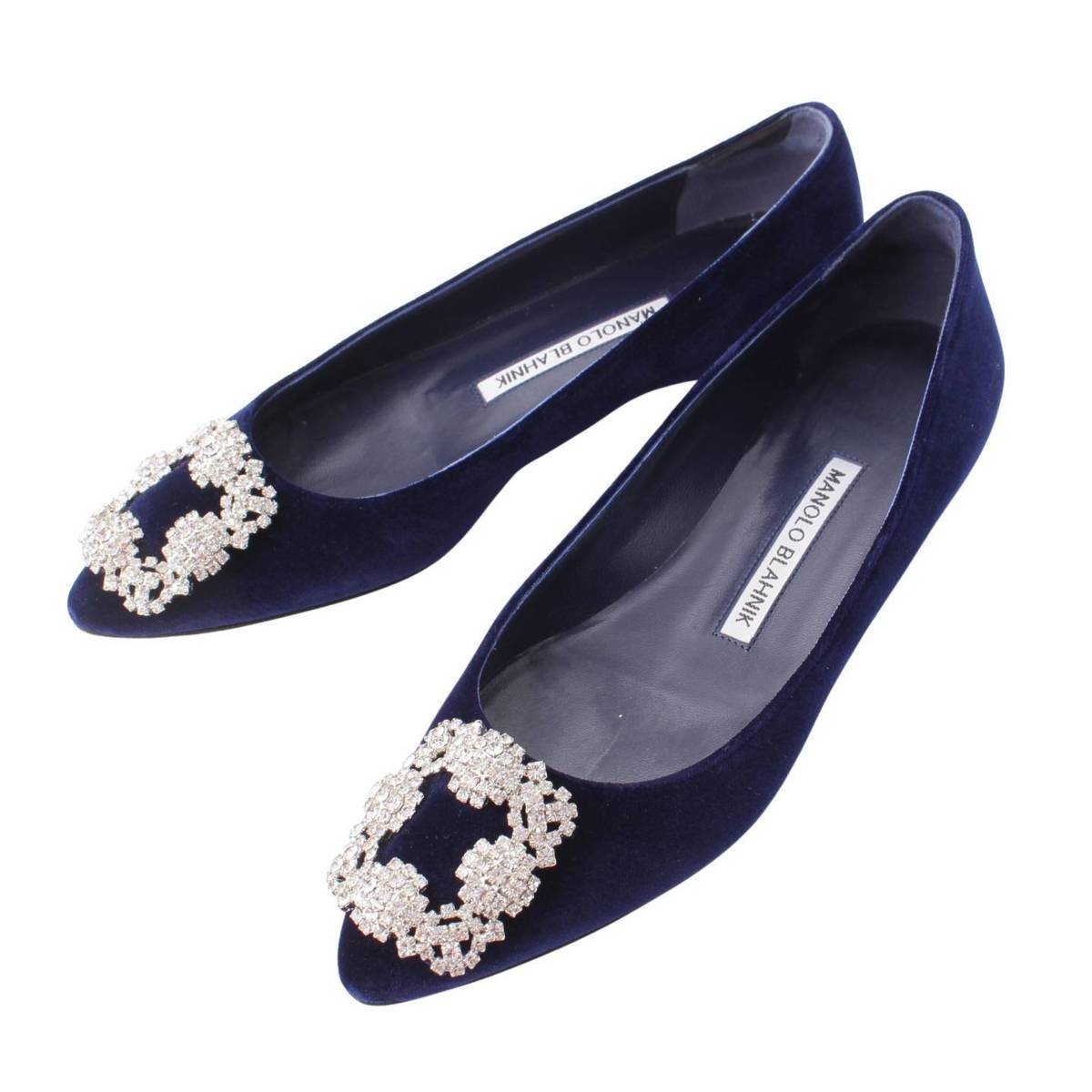 [Manolo Blahnik] Manolo Blahnik Hangisi Jewel Buckle Velvet Flat Pumps Blue 34 1/2 [Used] [Authenticated and Guaranteed Authentic] 197528