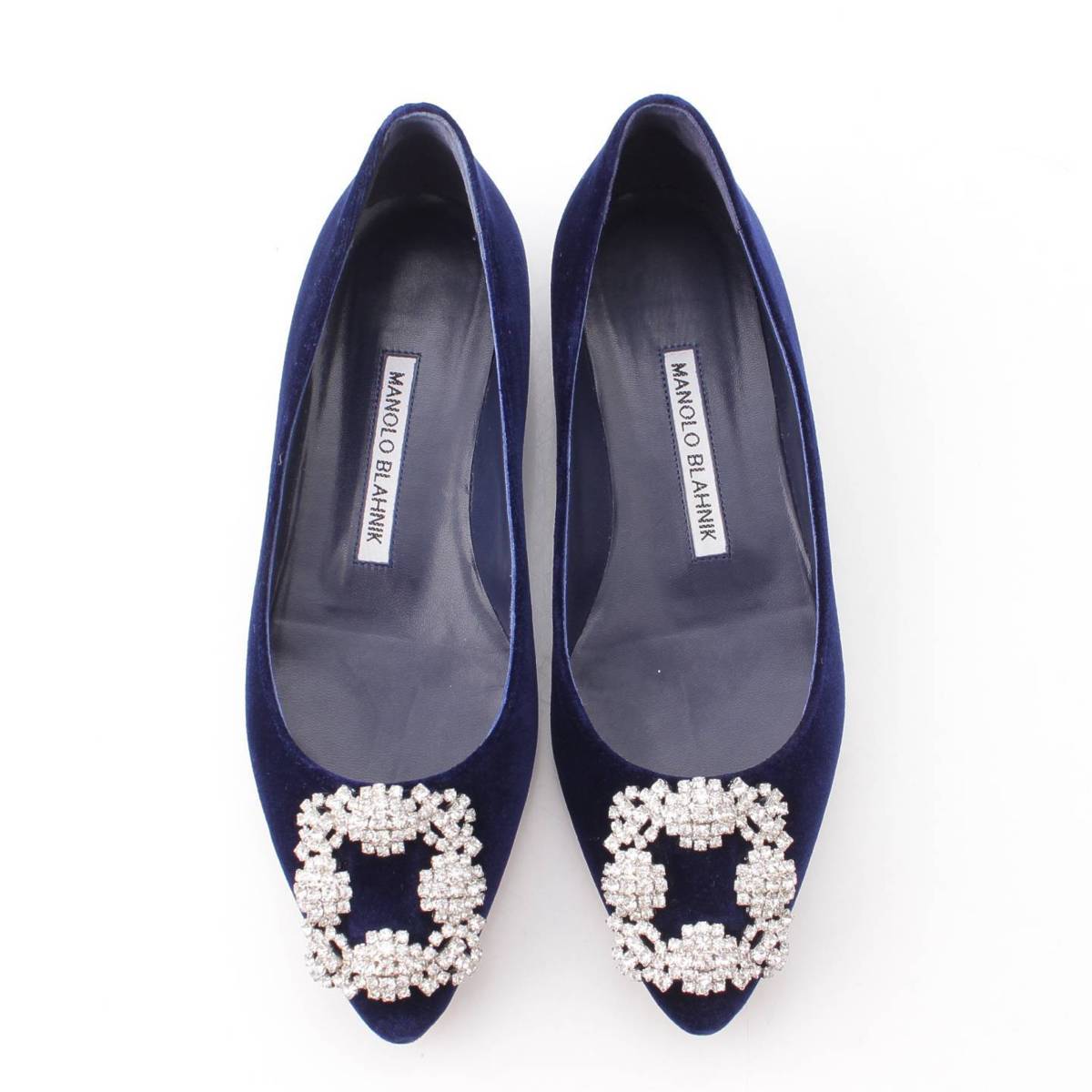 [Manolo Blahnik] Manolo Blahnik Hangisi Jewel Buckle Velvet Flat Pumps Blue 34 1/2 [Used] [Authenticated and Guaranteed Authentic] 197528