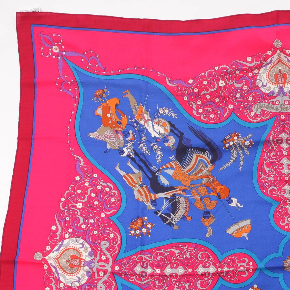 [Hermes] Hermes Carre 140 Gean Cashmere x Silk Stole Poesie Persane Persian Poem Blue x Red [Used] [Authenticated and Guaranteed Authentic] 198165