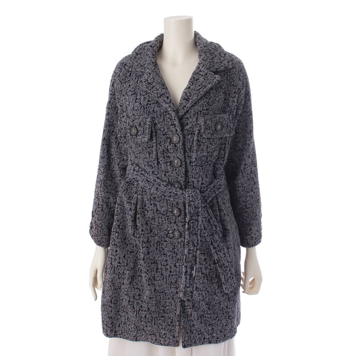[Chanel] Chanel Cotton Pile Lion Button Belted Coat Black x Grey Size 34 [Used] [Authenticated and Guaranteed Authentic] 198288