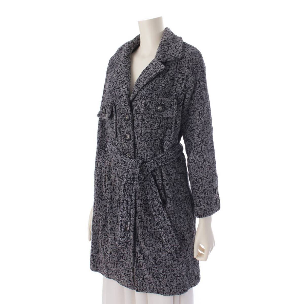 [Chanel] Chanel Cotton Pile Lion Button Belted Coat Black x Grey Size 34 [Used] [Authenticated and Guaranteed Authentic] 198288