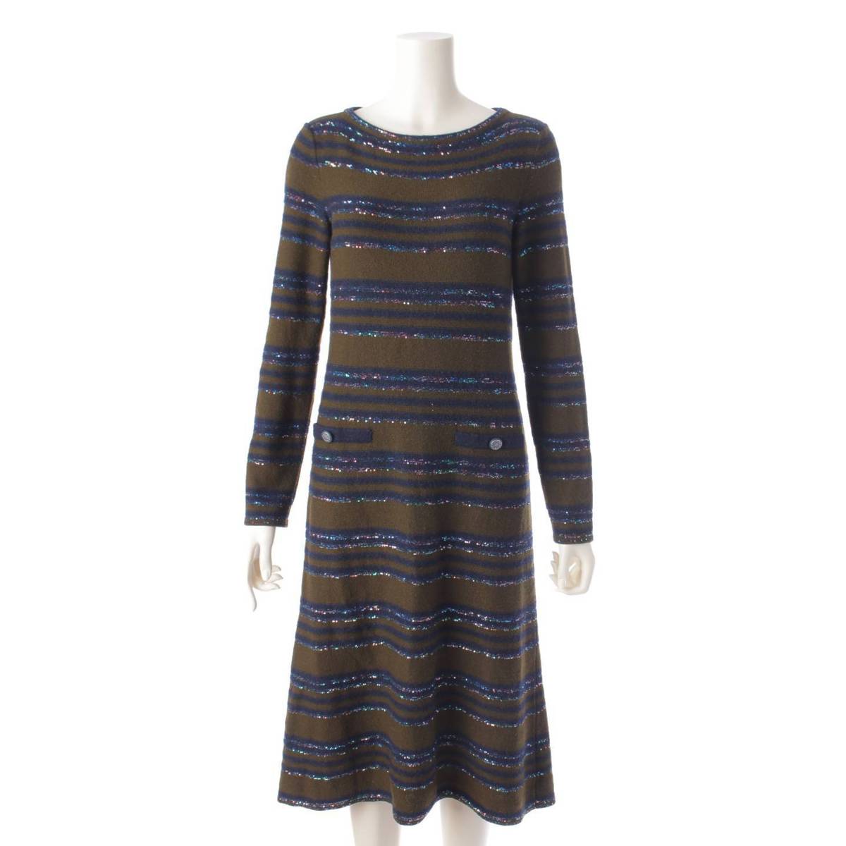 [Chanel] Chanel Cashmere Sequin Long Sleeve Knit Dress P62936 Khaki x Navy 36 [Used] [Authenticated and Guaranteed Authentic] 198298