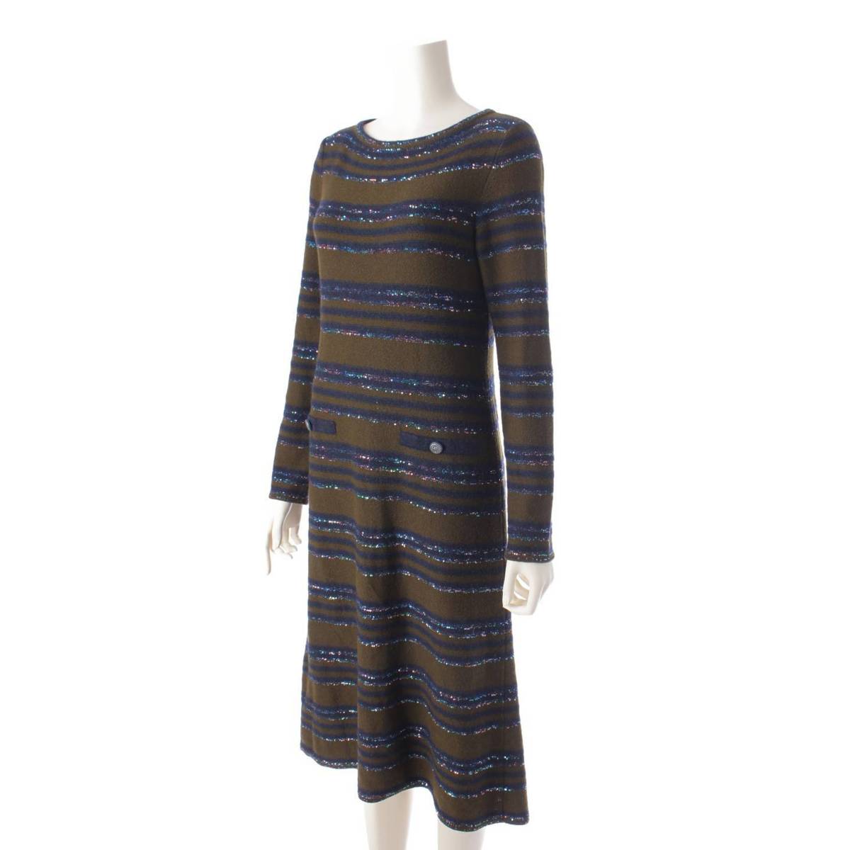 [Chanel] Chanel Cashmere Sequin Long Sleeve Knit Dress P62936 Khaki x Navy 36 [Used] [Authenticated and Guaranteed Authentic] 198298