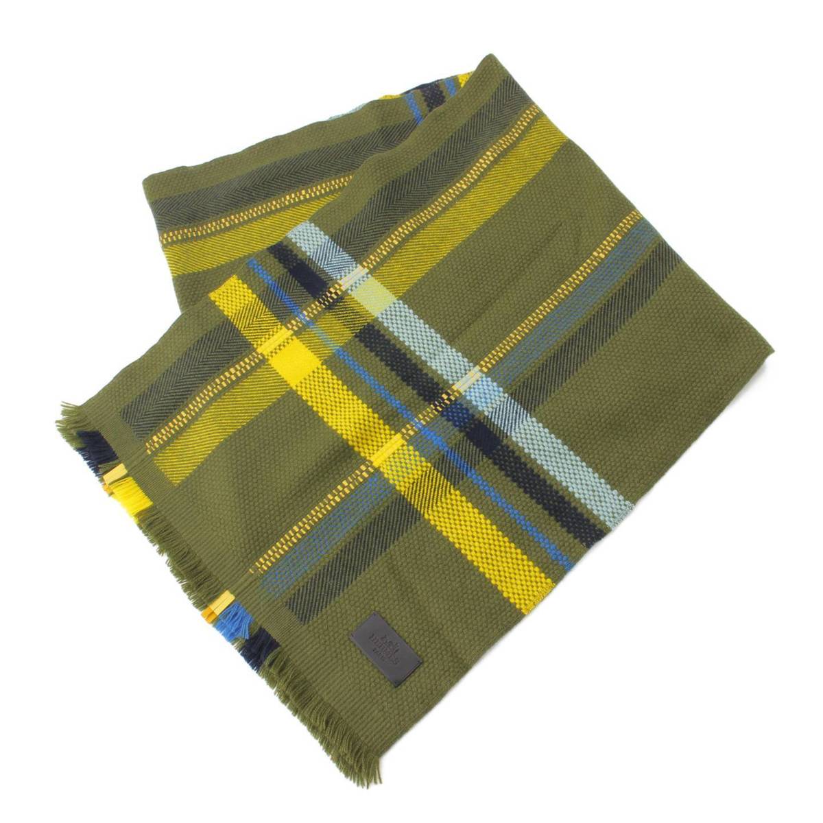 [Hermes] Hermes Cashmere Check Pattern Stole Scarf Green x Yellow x Blue [Used] [Authenticated and Guaranteed Authentic] 198871