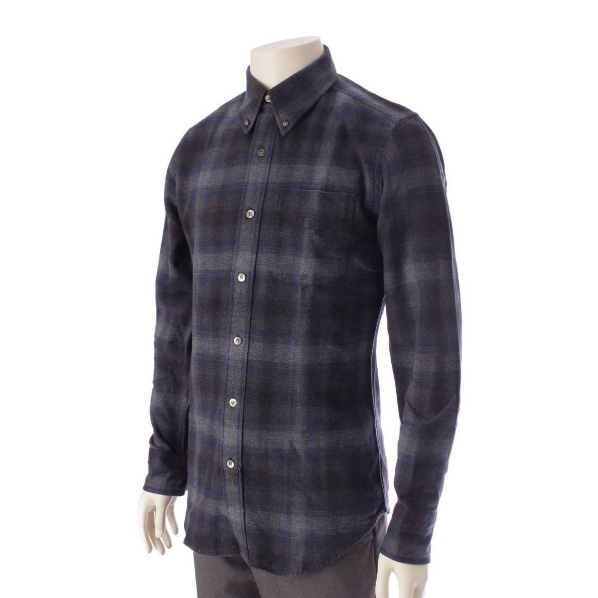 [Tom Ford] Tom Ford Men's Cotton Long Sleeve Check Shirt Blue x Gray x Black 38 [Used] [Authenticated and Guaranteed Authentic] 199369