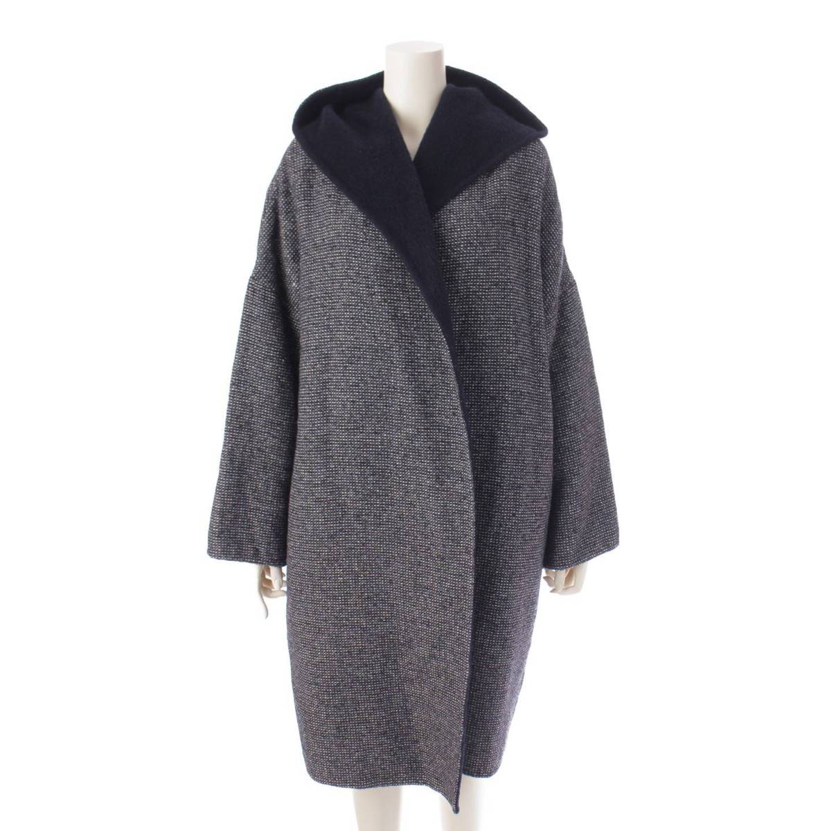 [Max Mara] Max Mara wool alpaca silk tweed hooded coat, white tag, navy, F38 [Used] [Authenticated and genuine product guaranteed] 199390