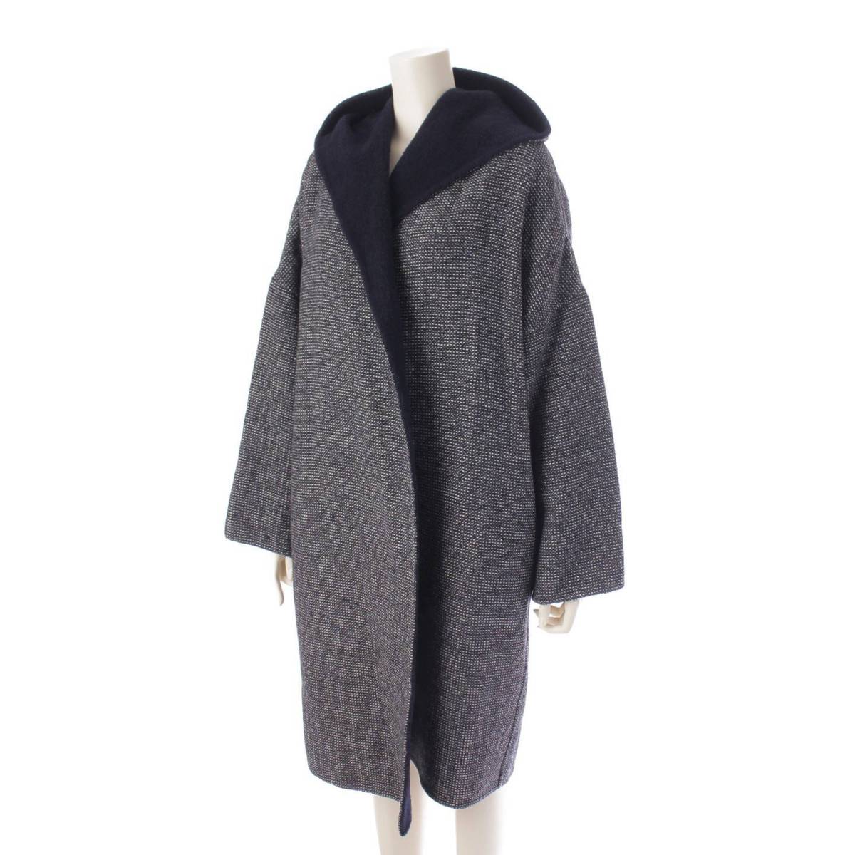 [Max Mara] Max Mara wool alpaca silk tweed hooded coat, white tag, navy, F38 [Used] [Authenticated and genuine product guaranteed] 199390