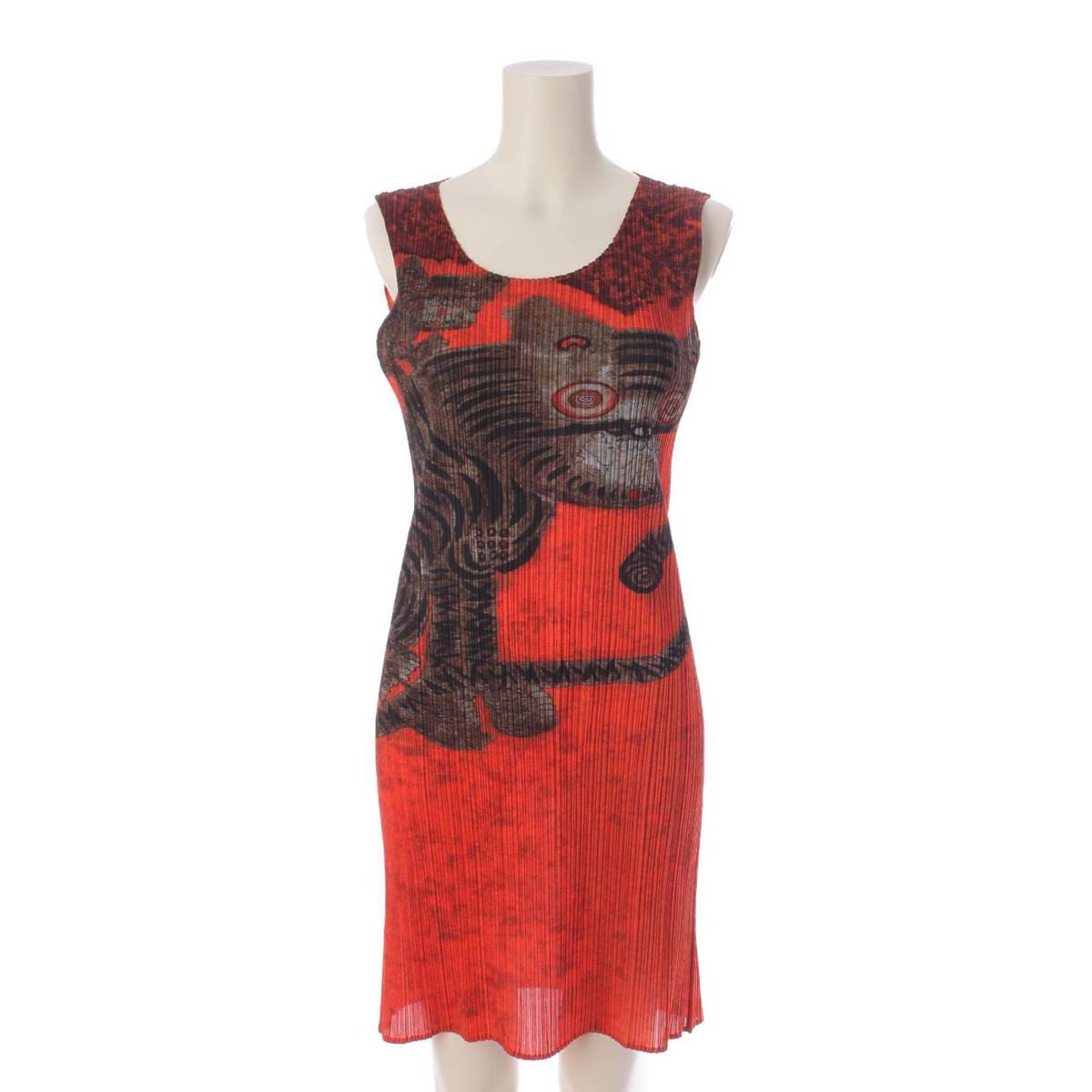 [Issey Miyake] Issey Miyake 98AW Pleated Large Tiger Folk Painting Sleeveless Mini Dress PP83-JH719 Orange 3 [Used] [Authenticated and Guaranteed Authentic] 199904