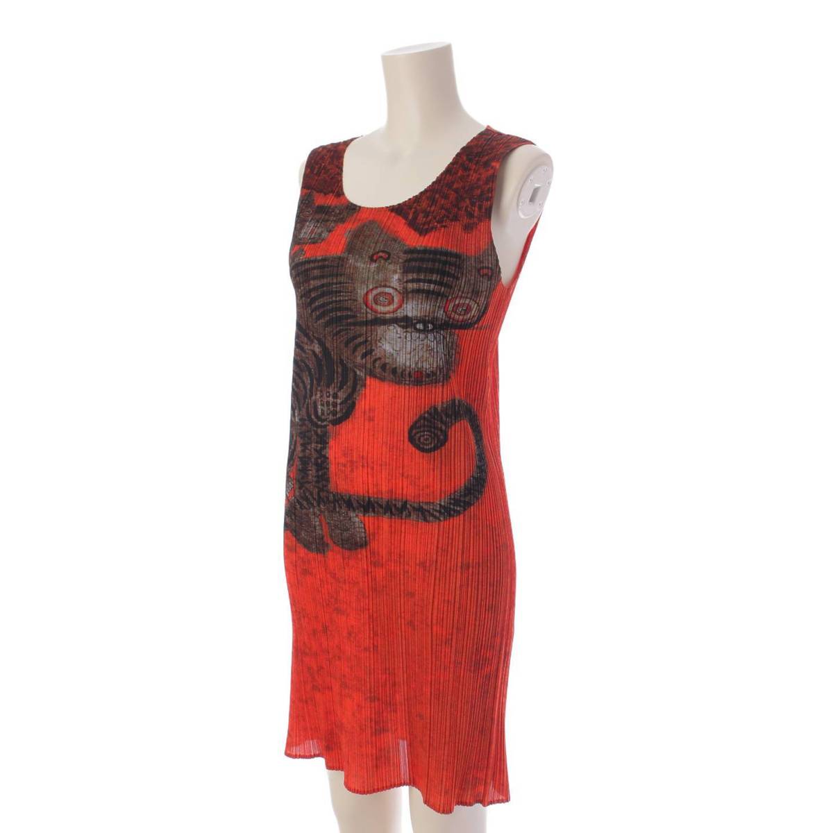 [Issey Miyake] Issey Miyake 98AW Pleated Large Tiger Folk Painting Sleeveless Mini Dress PP83-JH719 Orange 3 [Used] [Authenticated and Guaranteed Authentic] 199904