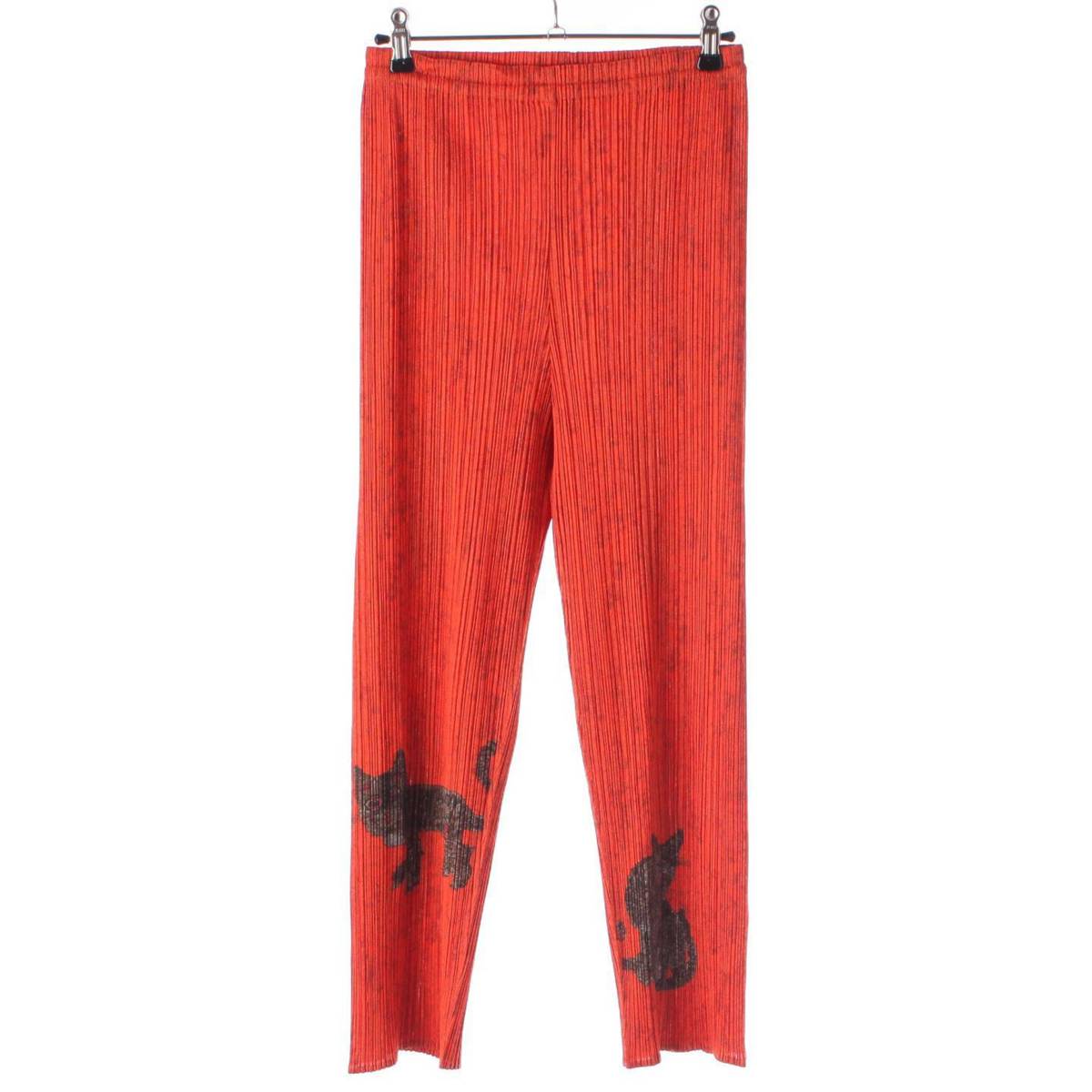 [Issey Miyake] Issey Miyake Pleated Please Cat Polyester Pants Bottoms PP83-JF745 Orange 4 [Used] [Authenticated and Guaranteed Authentic] 199905