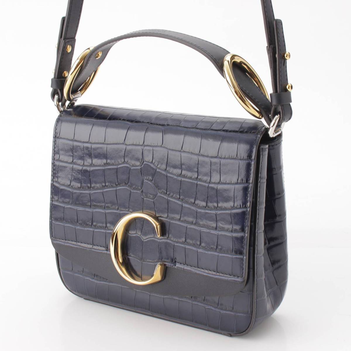 [Chloe] Chloe C Crocodile-embossed Leather 2-WAY Handbag Shoulder Bag CHC19WS199 Navy [Used] [Authenticated and Guaranteed Authentic] 200549