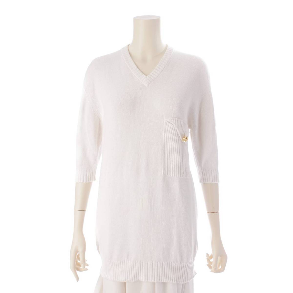 [Chanel] Chanel COCO Mark 5/8 Sleeve V-Neck Cotton Rib Knit Sweater White 0 [Used] [Authenticated/Genuine Product Guaranteed] 200663