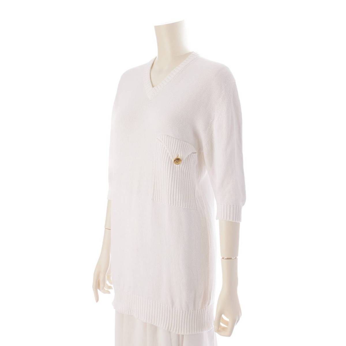 [Chanel] Chanel COCO Mark 5/8 Sleeve V-Neck Cotton Rib Knit Sweater White 0 [Used] [Authenticated/Genuine Product Guaranteed] 200663