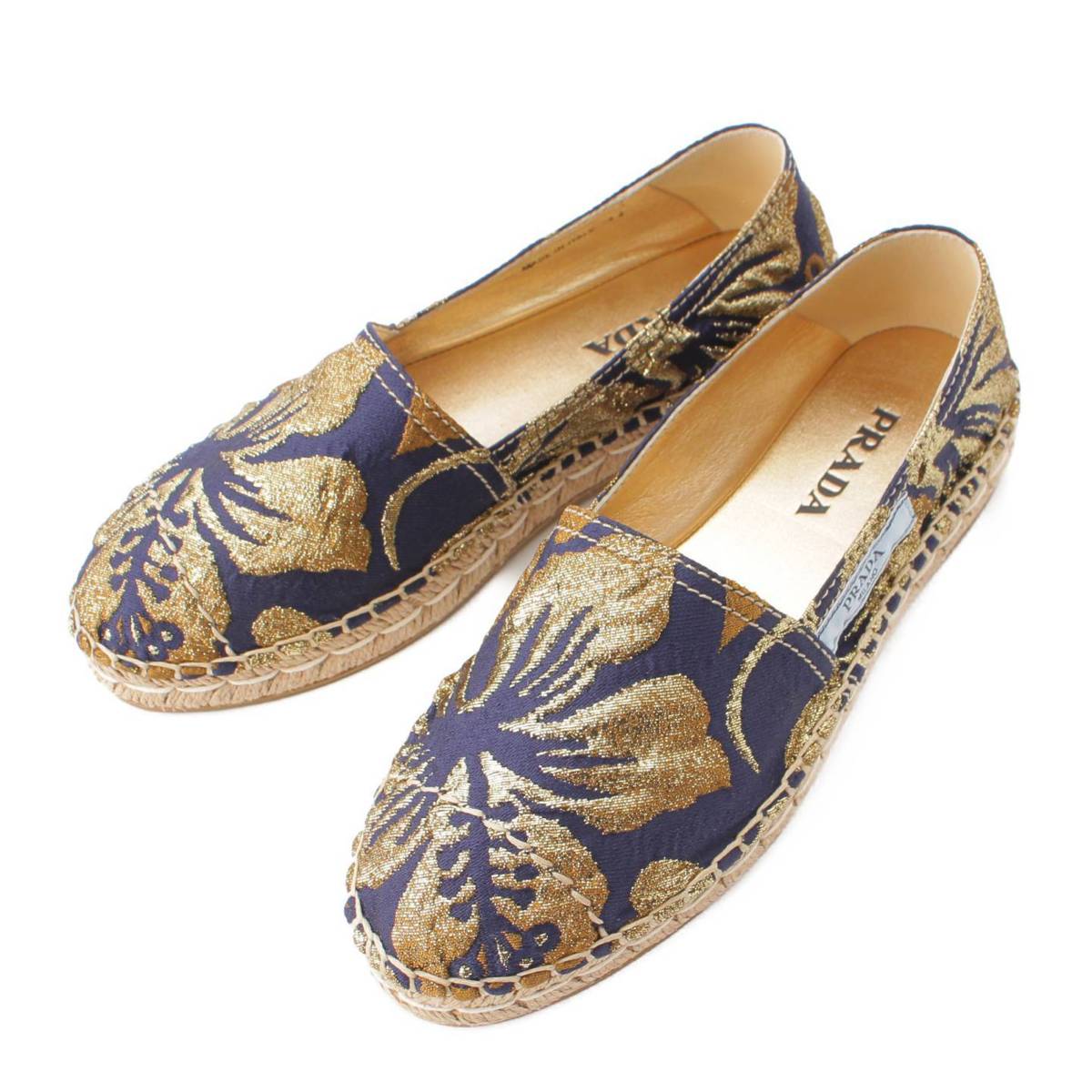 [PRADA] Prada Floral Espadrilles Flat Shoes Gold Navy Size 36 Unused [Used] [Authenticated and Guaranteed Authentic] 201065