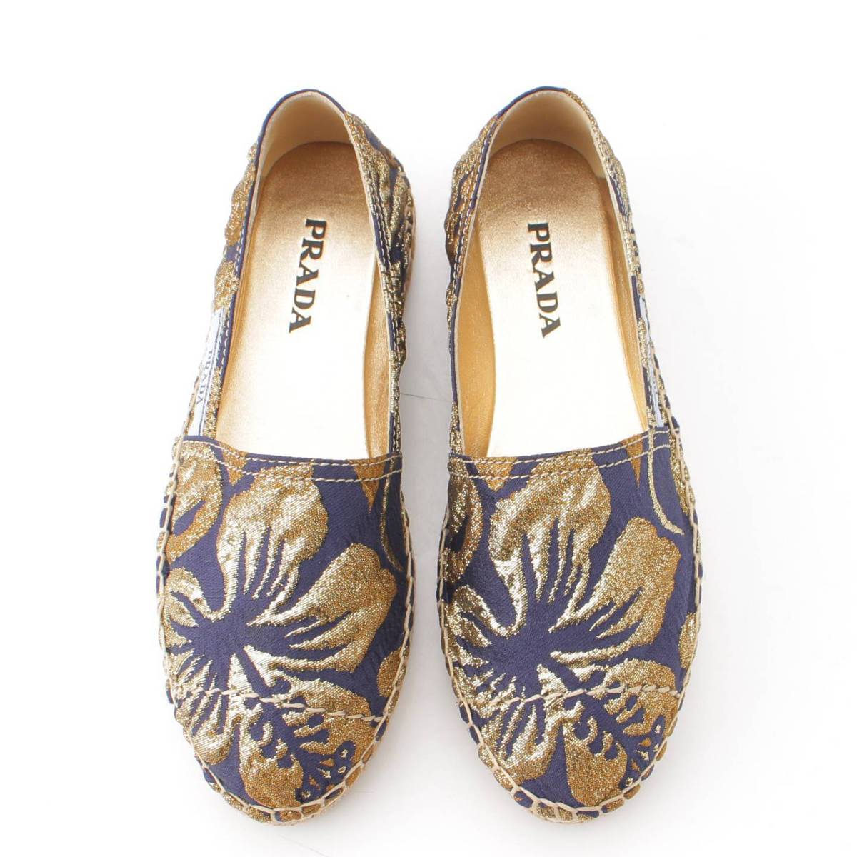 [PRADA] Prada Floral Espadrilles Flat Shoes Gold Navy Size 36 Unused [Used] [Authenticated and Guaranteed Authentic] 201065