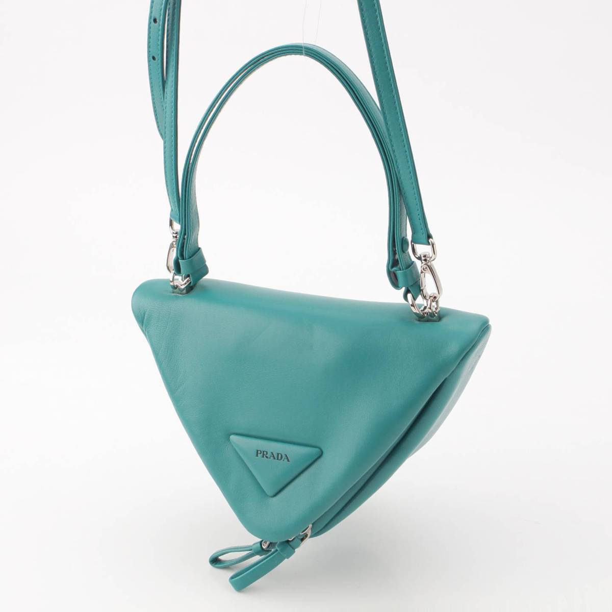 [PRADA] Prada Triangle 2-way handbag, nappa leather, 1BA315 PAVONE, turquoise blue [Used] [Authenticated and guaranteed genuine] 201445