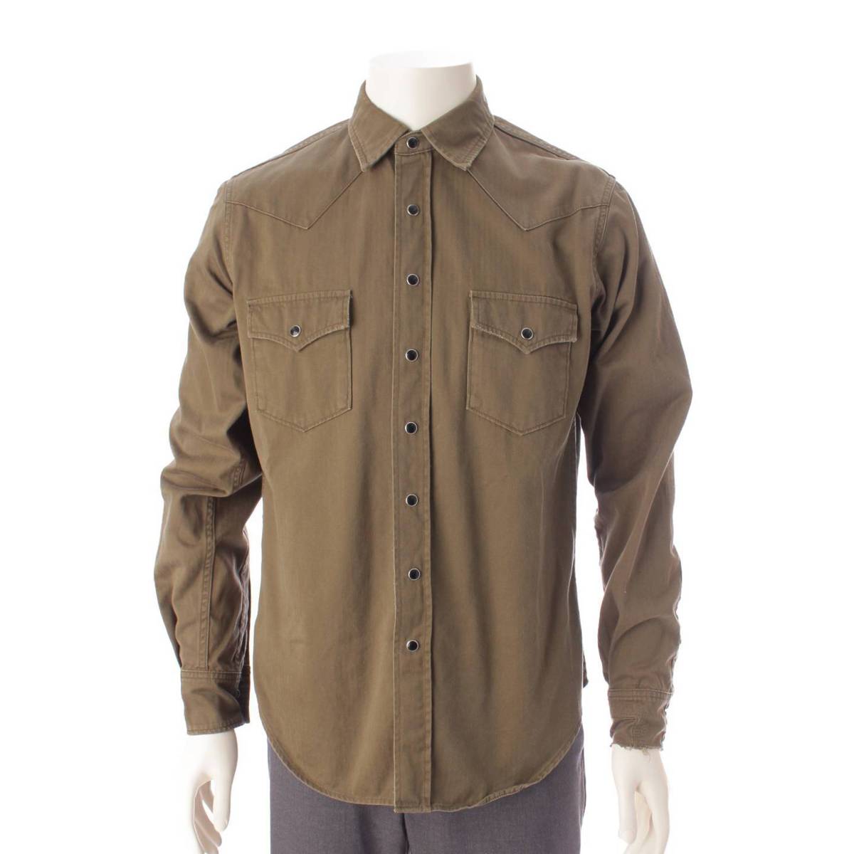 [Saint Laurent] SAINT LAURENT Men's 2020 Distressed Cotton Western Military Shirt 629966 Khaki M [Used] [Authenticated and Guaranteed Authentic] 201533