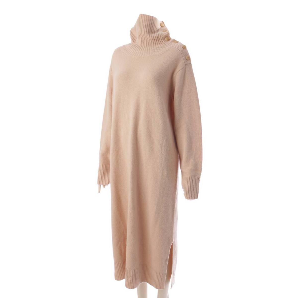 [Max Mara] Max Mara Cashmere Blend Logo Button Turtleneck Long Sleeve Knit Dress One Piece Beige L [Used] [Authenticated/Genuine Product Guaranteed] 201630