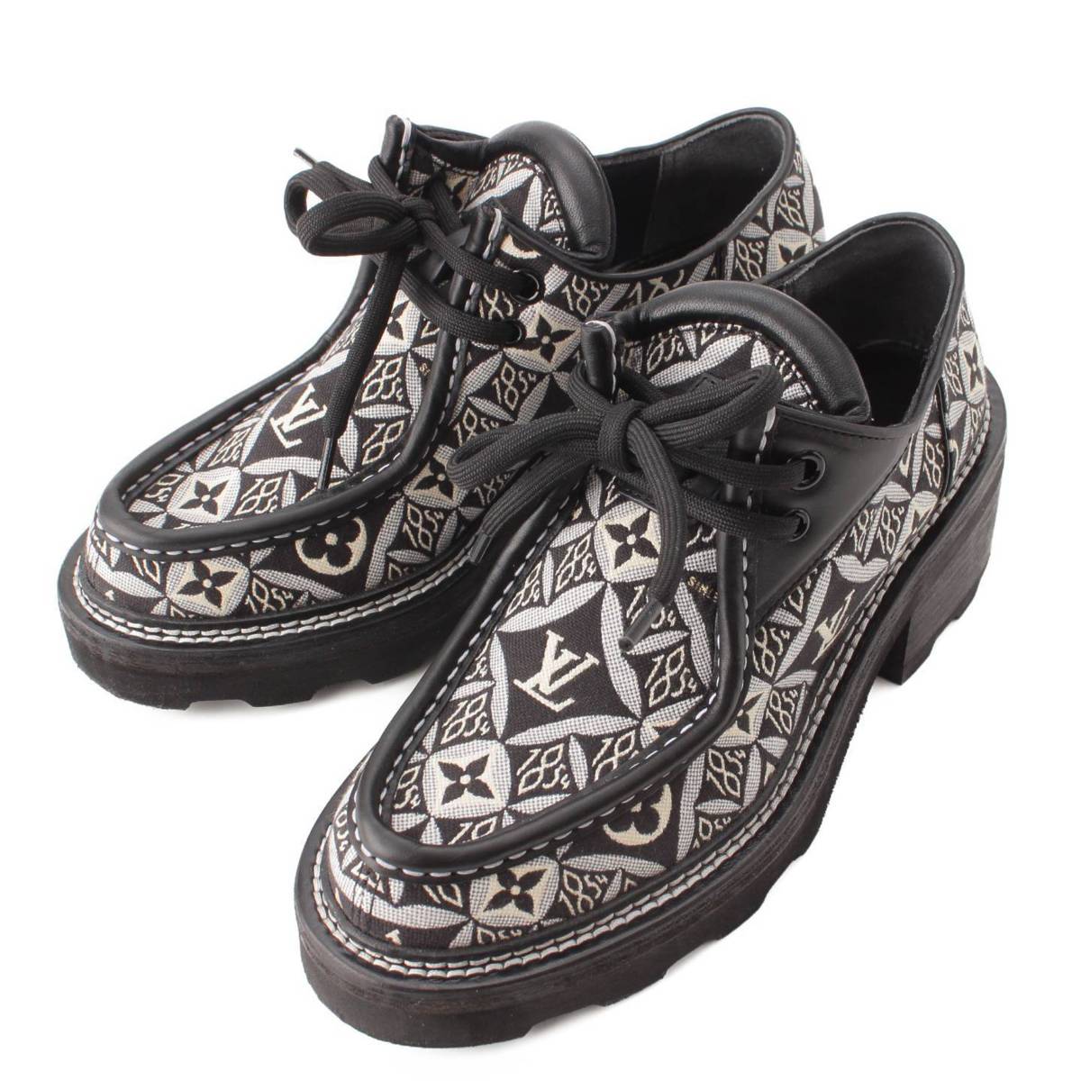 LOUIS VUITTON LV Beaubourg Jacquard Derby chunky heel boots Black White 39