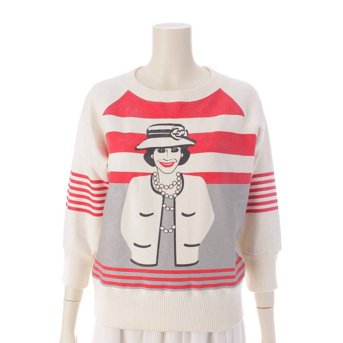 [Chanel] Chanel Mademoiselle Long Sleeve Sweatshirt P18590 White x Red 38 [Used] [Authenticated and Guaranteed Authentic] 201707