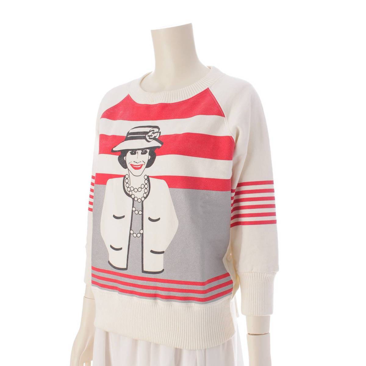 [Chanel] Chanel Mademoiselle Long Sleeve Sweatshirt P18590 White x Red 38 [Used] [Authenticated and Guaranteed Authentic] 201707