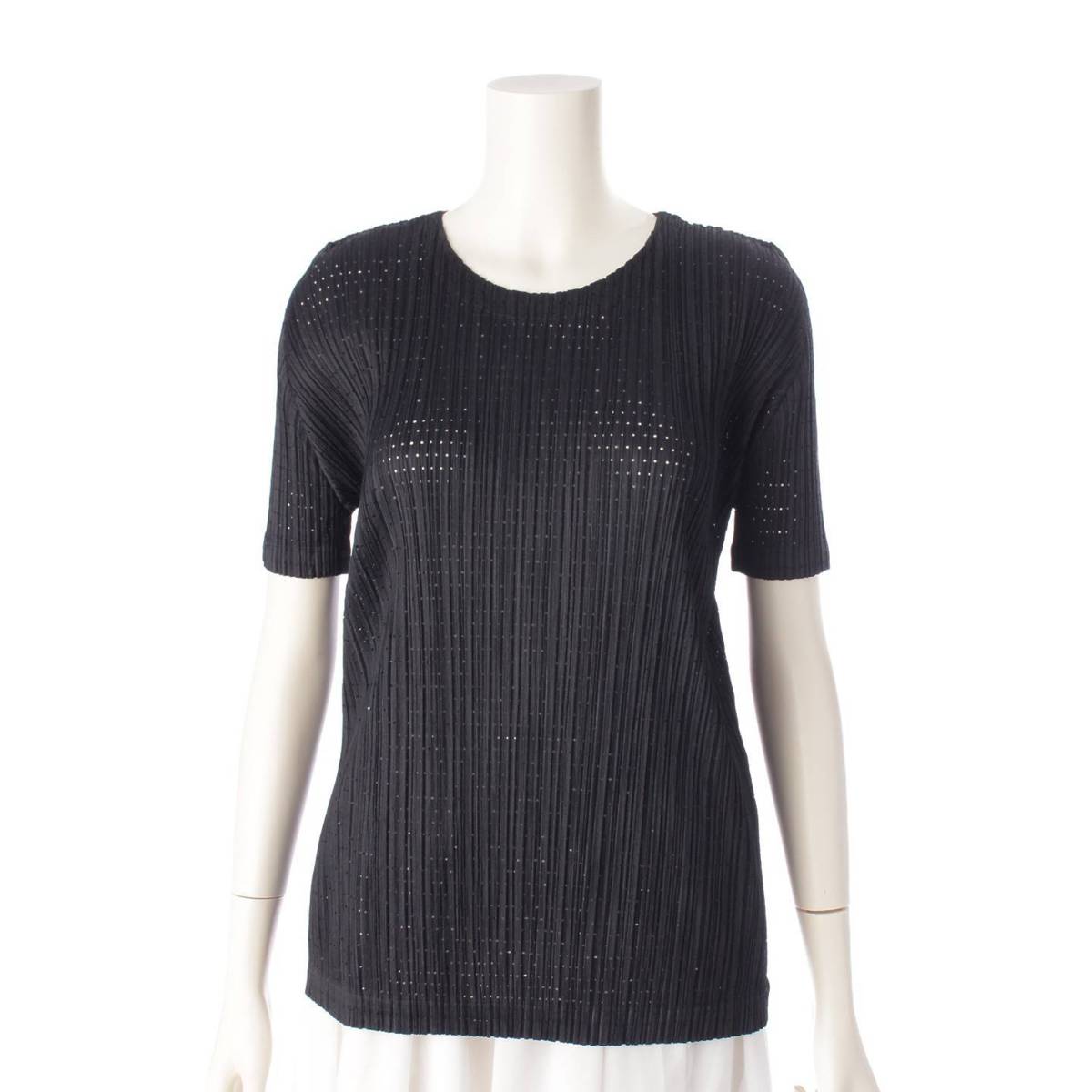 [Issey Miyake] Issey Miyake Pleated 23 Stainless Steel FLOAT Short Sleeve Cut and Sew Top PP31JK632 Black 4 [Used] [Authenticated and Guaranteed Authentic] 201729